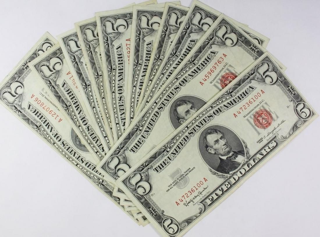 (10) PIECE VERY NICE 1963 $5.00 NOTES (1 of 3)