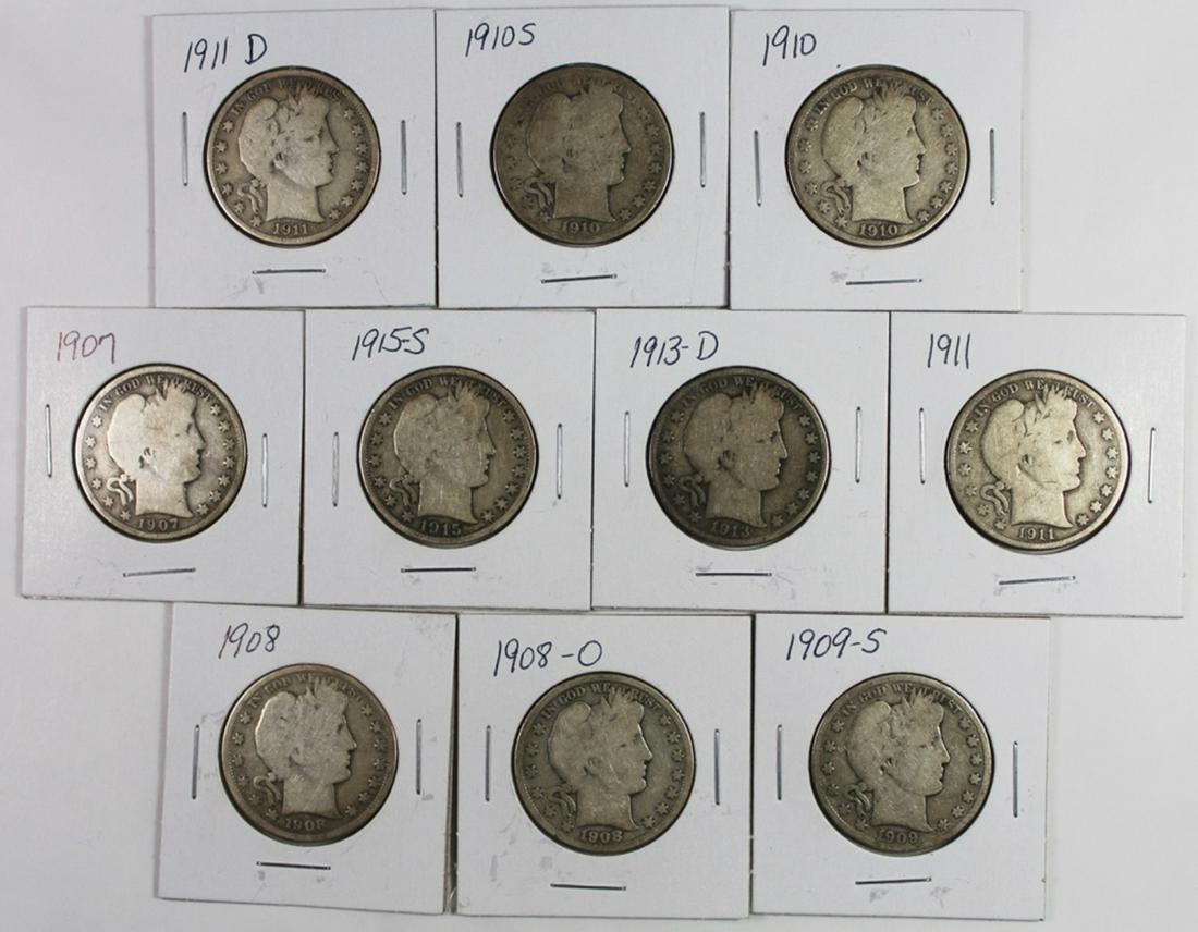 (10) DIFFERENT BARBER HALF DOLLARS (1 of 2)