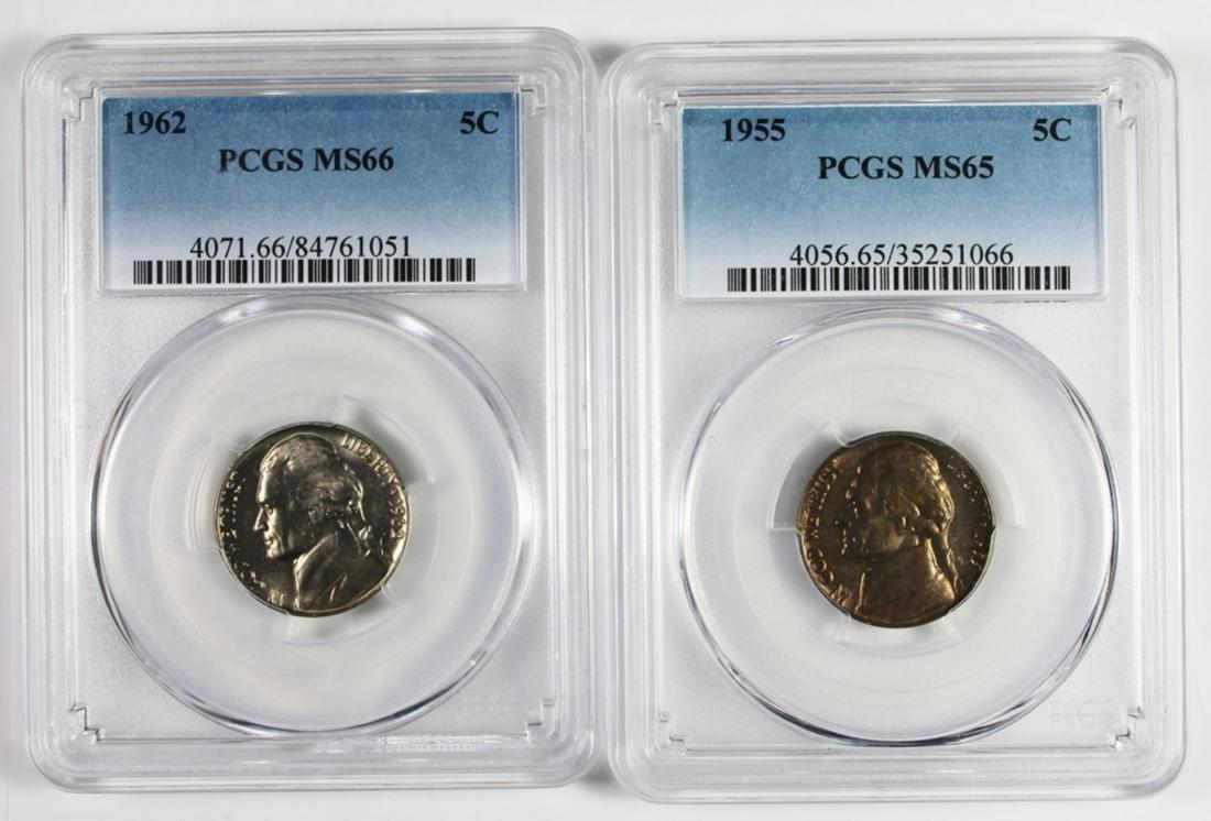 (2) JEFFERSON NICKELS: PCGS GRADED. 1962 MS 66 AND 1955 MS 65. ESTIMATE: $35-$60