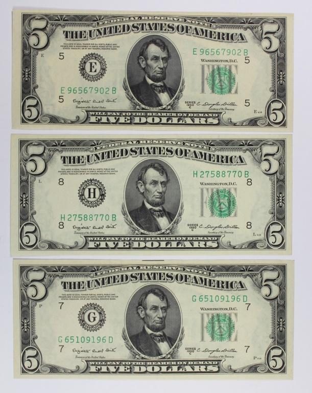 (3) 1950-C $5.00 FEDERAL RESERVE NOTE: GEM UNC. RICHMOND, CHICAGO AND ST. LOUIS. ESTIMATE: $125-$175