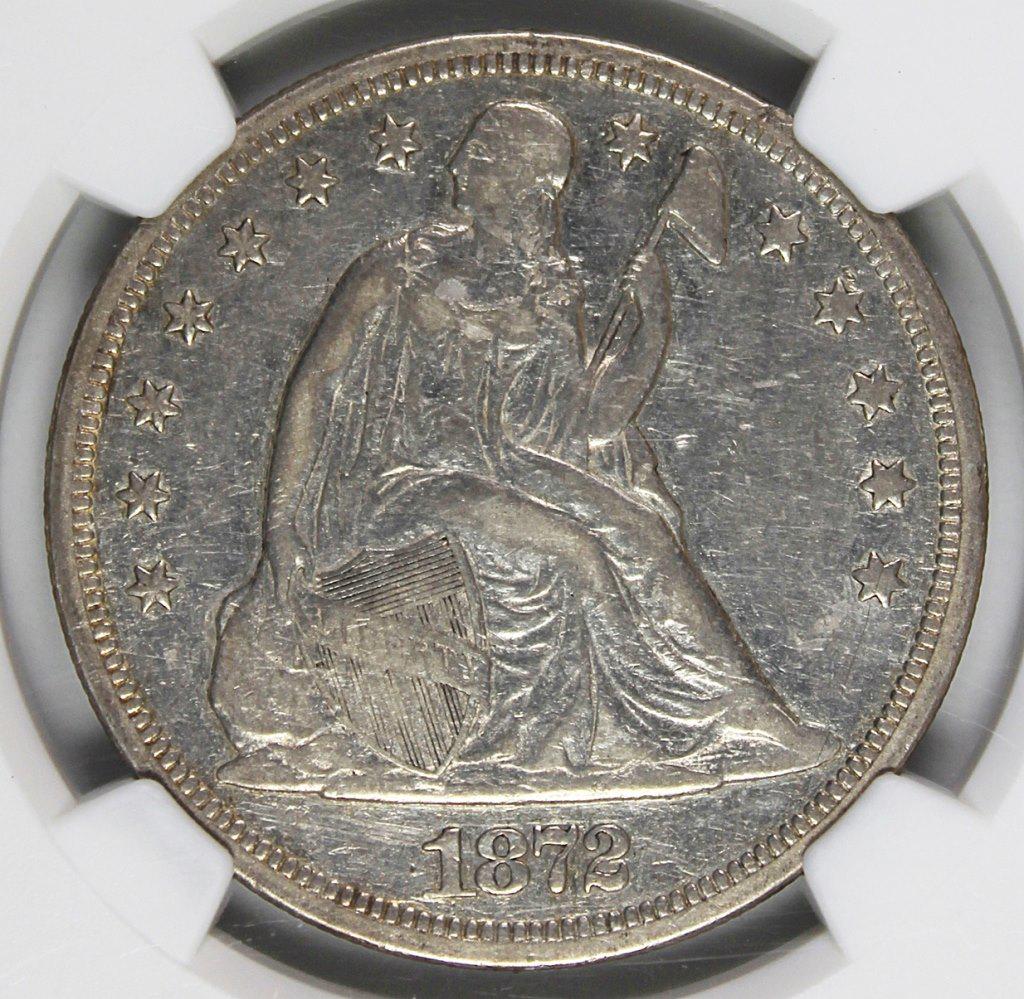 1872 SEATED DOLLAR: NGC VF 35. ITS REALLY XF. ESTIMATE: $495-$650