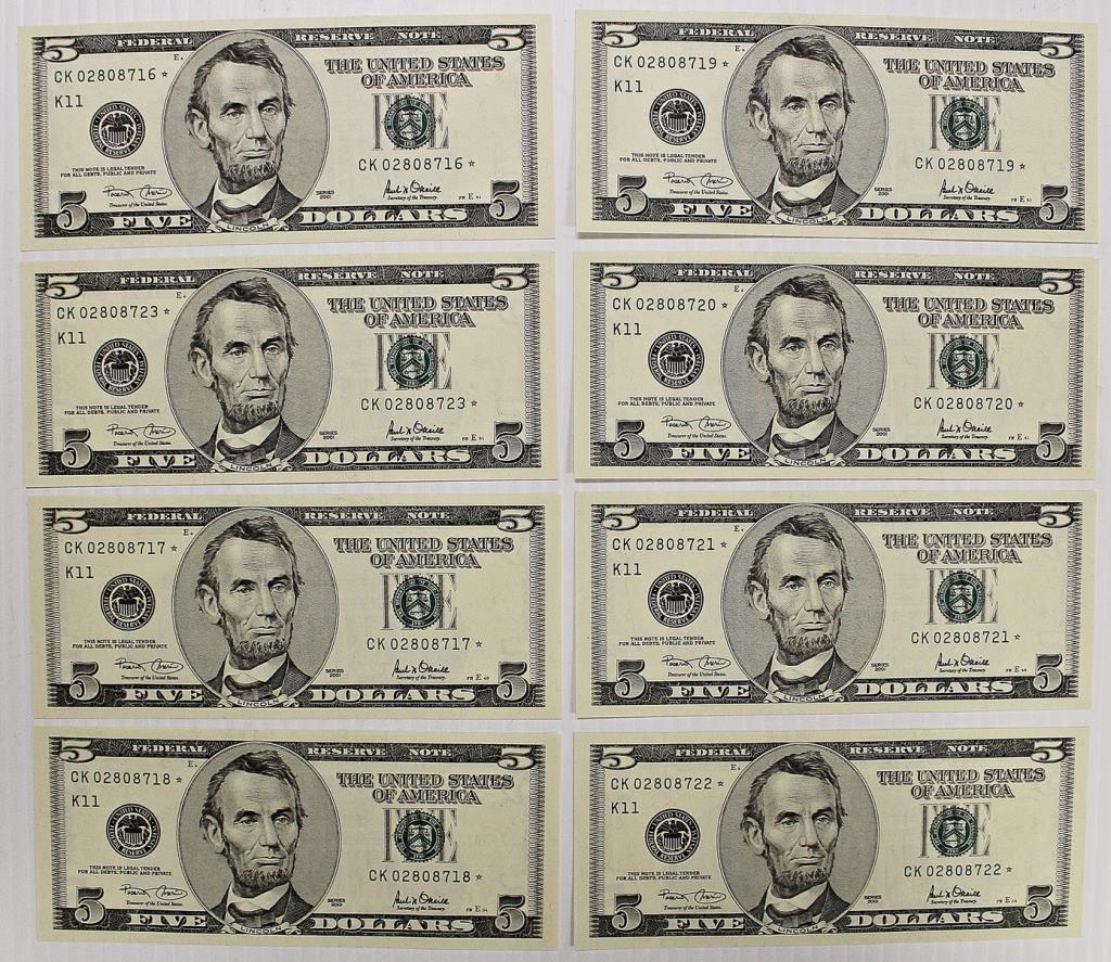 EIGHT PCS. 2001 $5.00 DALLAS STAR NOTES (1 of 2)
