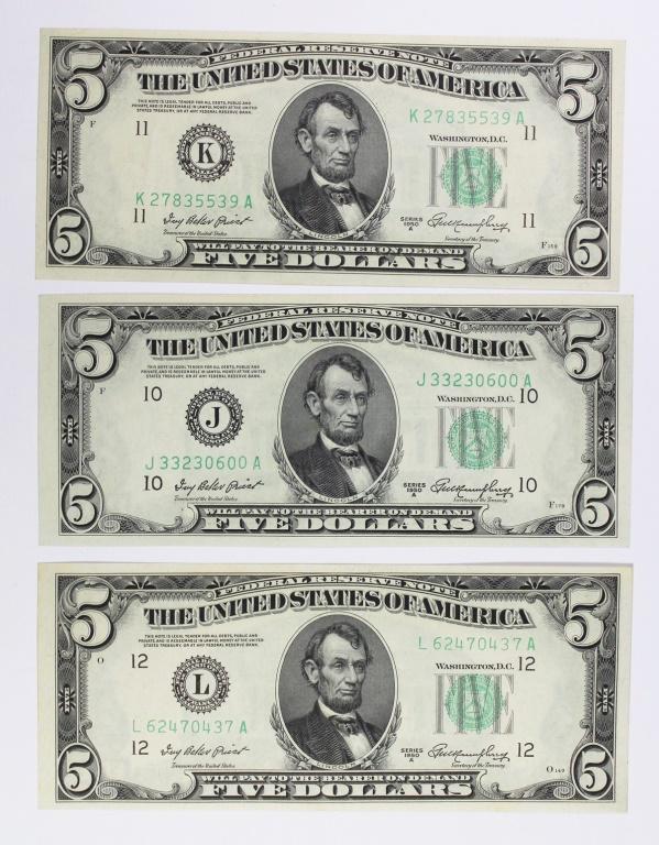 (3) 1950-A $5.00 FEDERAL RESERVE NOTES (1 of 2)
