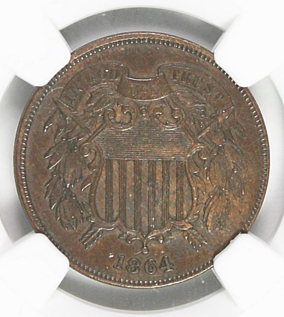 1864 TWO CENT PIECE: LARGE MOTTO. NGC AU 58 BEAUTIFUL. ESTIMATE: $110-$150