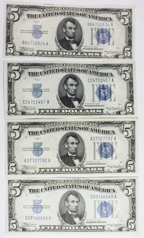 (4) 1934 $5.00 SILVER CERTIFICATES (1 of 2)