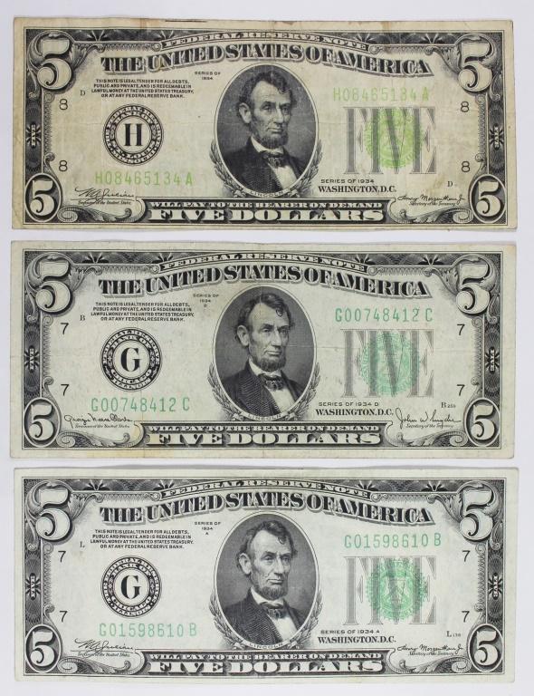 (3) 1934 FEDERAL RESERVE $5: 1934-A, 1934 AND 1934-D. VERY NICE CIRCS. ESTIMATE: $75-$100
