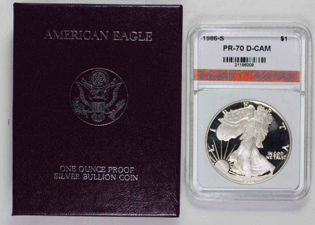 1986-S AMERICAN SILVER EAGLE: AGP PR 70 DCAM. ESTIMATE: $250-$300