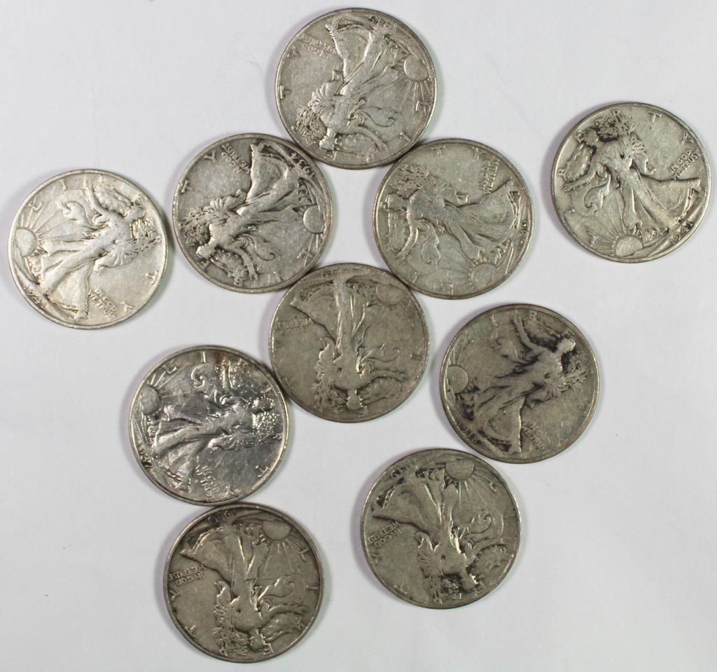 10 PIECES SILVER WALKING LIBERTY HALF DOLLARS (1 of 1)