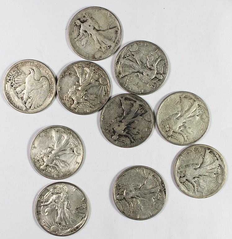 (10) SILVER WALKING LIBERTY HALF DOLLARS (1 of 1)