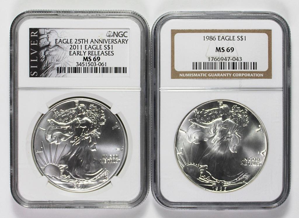 NGC GRADED AMERICAN SILVER EAGLES. MS 69 (1 of 2)