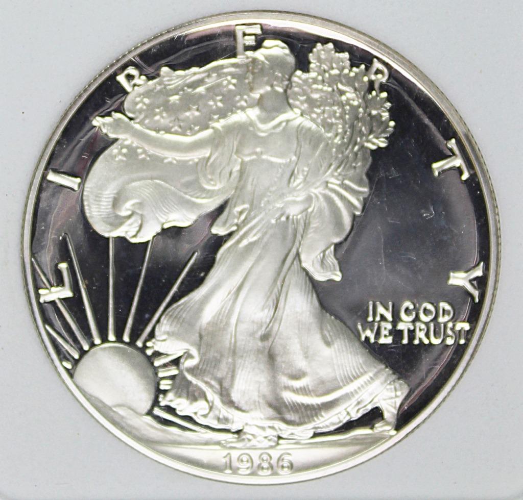 1986-S AMERICAN SILVER EAGLE: AGP PR 70 DCAM. COMES WITH BOX AND CERTIFICATE. ESTIMATE: $175-$250