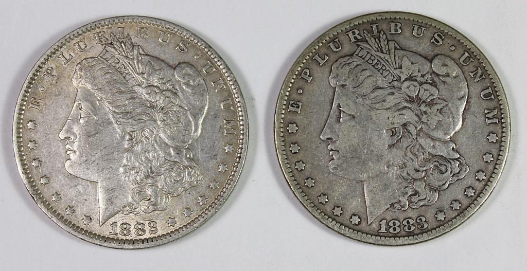 MORGAN SILVER DOLLARS: 1882-0 AU AND 1883 F-VF. ESTIMATE: $85-$125