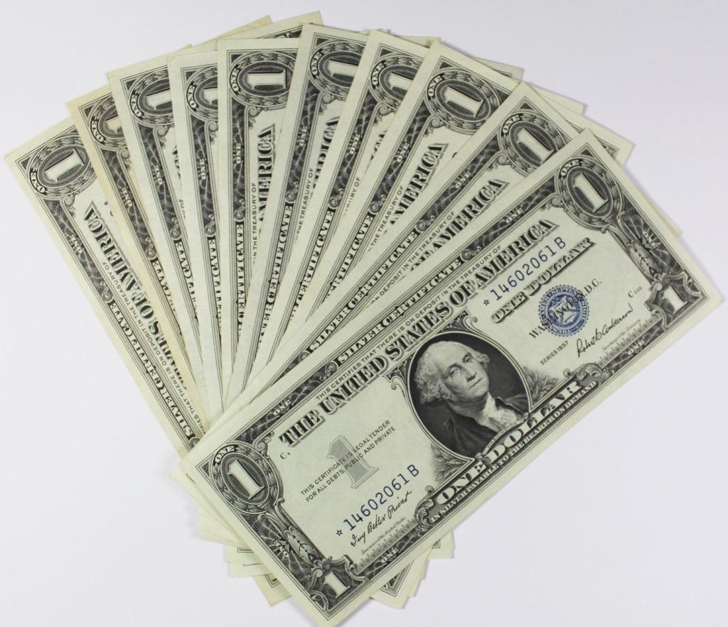 (10) UNC 1957 $1.00 SILVER CERTIFICATES (1 of 3)