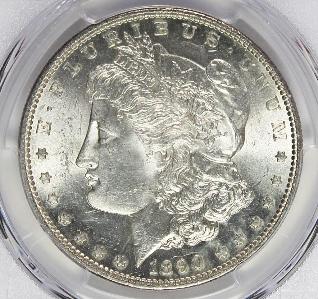 1890-S MORGAN SILVER DOLLAR: PCGS MS 63 BLAST WHITE! NICE! ESTIMATE: $180-$250