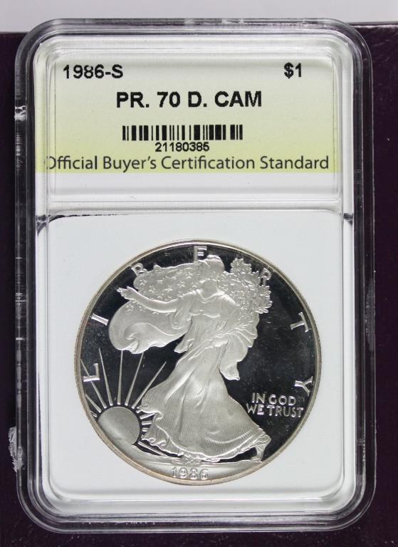 1986-S AMERICAN SILVER EAGLE: OBCS PR 70 DCAM. COMES WITH BOX AND COA. ESTIMATE: $225-$275