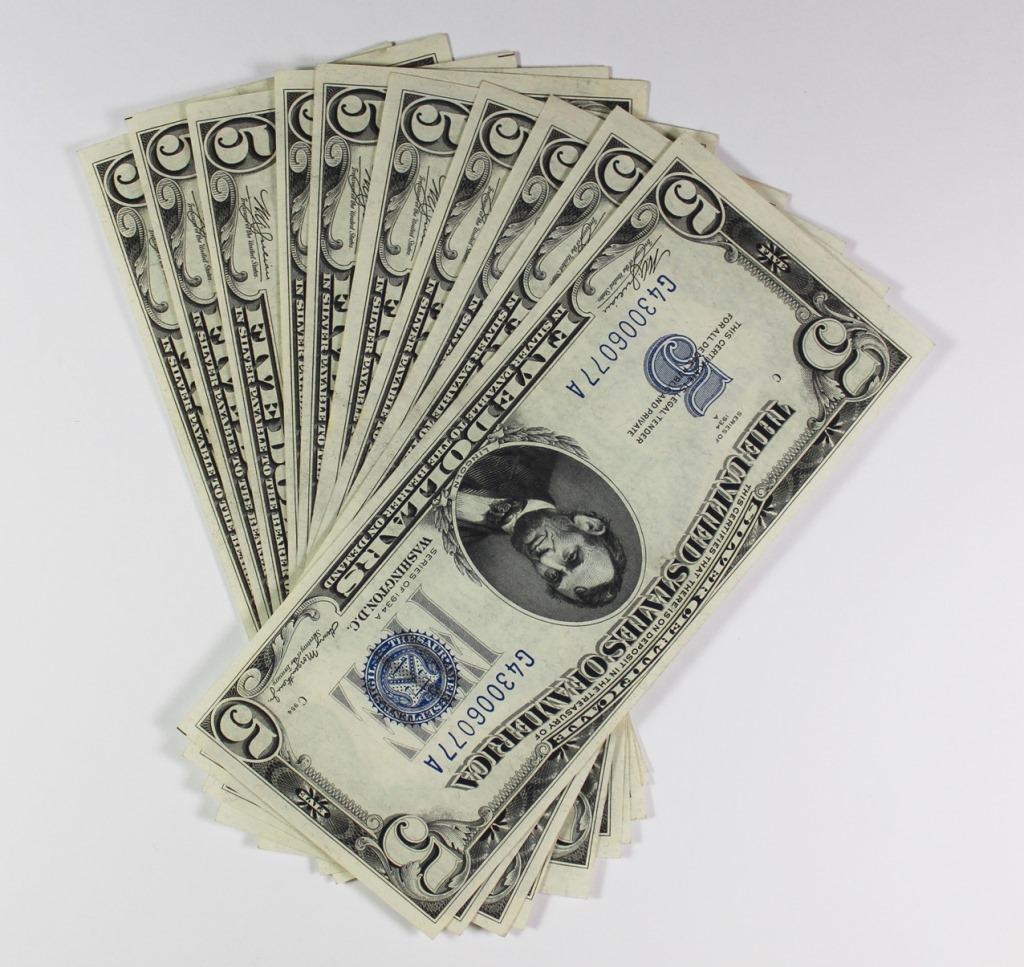 (10) 1934-A $5.00 SILVER CERTIFICATES (1 of 2)