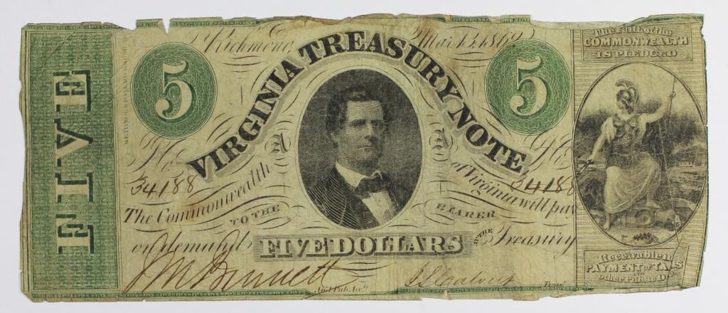 1863 $5 VIRGINIA TREASURY NOTE (1 of 2)