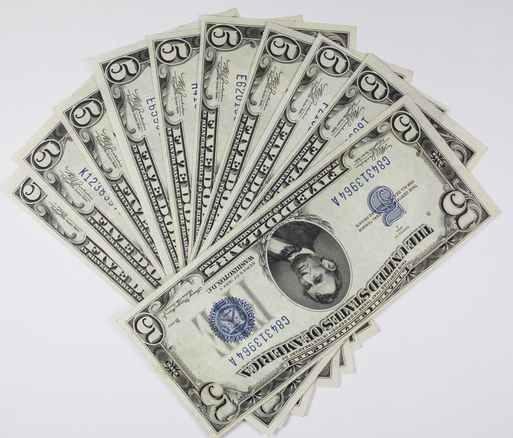 (10) 1934-A $5.00 SILVER CERTIFICATES (1 of 2)