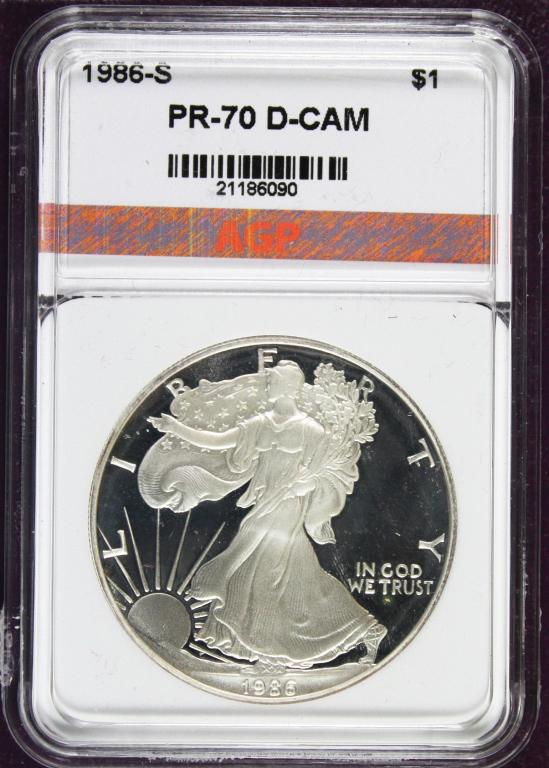 1986-S AMERICAN SILVER EAGLE: PR 70 DCAM. COMES WITH BOX AND CERT. ESTIMATE: $225-$275