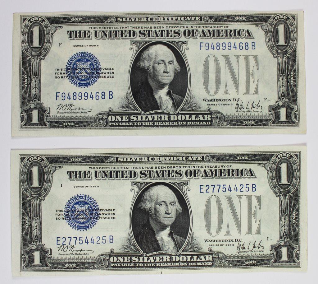 (2) 1928-B $1.00 SILVER CERTIFICATES (1 of 2)
