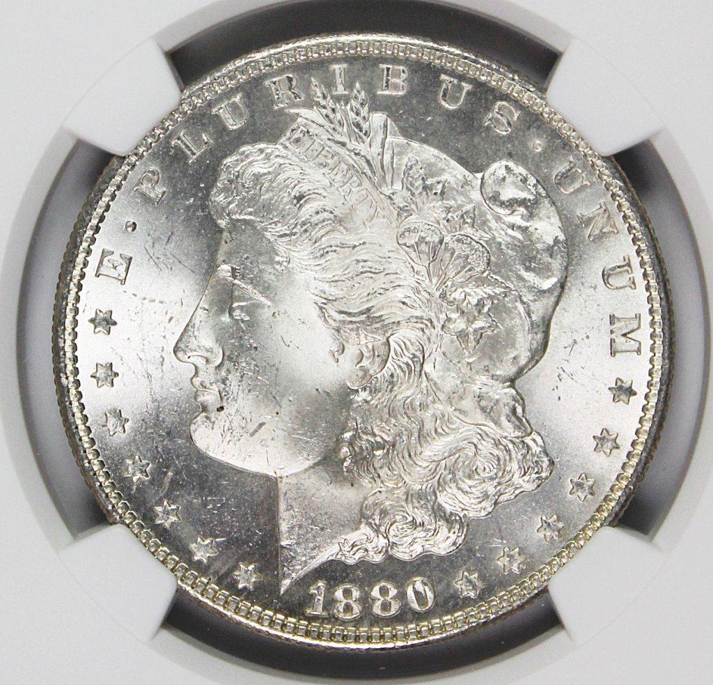 1880-S MORGAN SILVER DOLLAR: NGC MS 64 BLAST WHITE! SUPERB! ESTIMATE: $115-$150