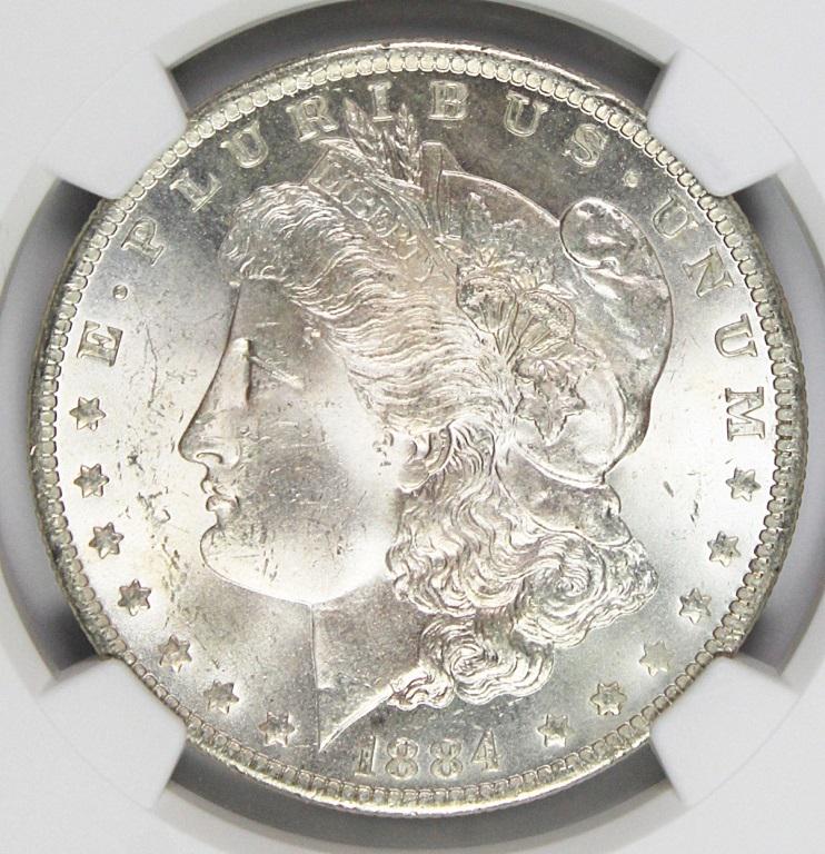 1884-O MORGAN SILVER DOLLAR: NGC MS 64 BLAST WHITE! SUPERB! ESTIMATE: $115-$150