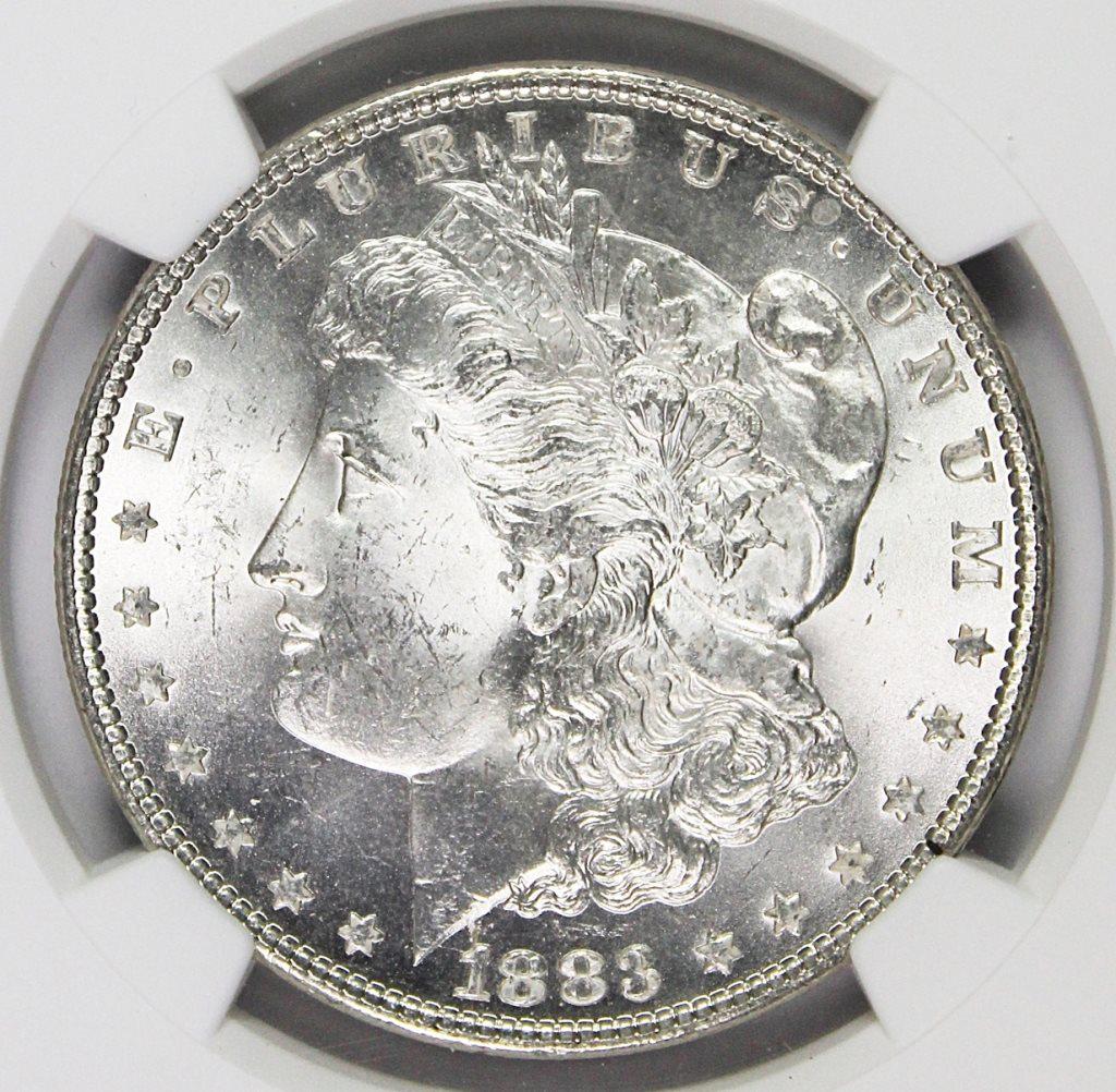 1883 MORGAN SILVER DOLLAR: NGC MS 64 BLAST WHITE, SUPER! ESTIMATE: $115-$150