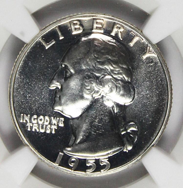1955 WASHINGTON QUARTER: NGC PROOF 67. ESTIMATE: $50-$75