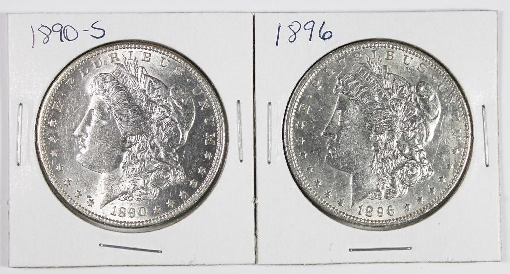 MORGAN SILVER DOLLARS: 1896 AU-UNC AND 1890-S AU UNC. ESTIMATE: $110-$150