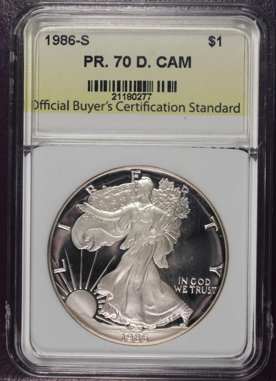 1986-S AMERICAN SILVER EAGLE: OBCS PR 70 DCAM. BOX AND CERT. ESTIMATE: $200-$250