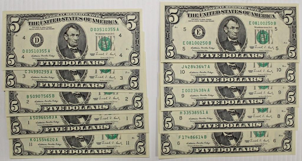 PARTIAL SET OF 1988 $5.00 FEDERAL RESERVE NOTES (1 of 2)