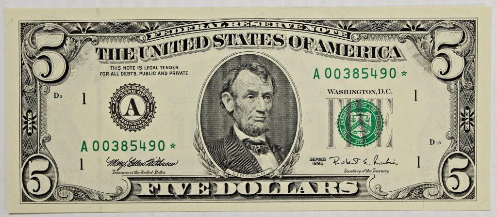 RARE! 1995 BOSTON $5.00 FEDERAL RESERVE STAR NOTE (1 of 2)
