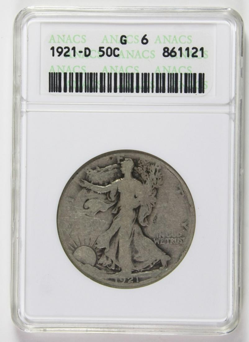 1921-D WALKING LIBERTY HALF DOLLAR: ANACS G-VG 6 KEY. ESTIMATE: $325-$425