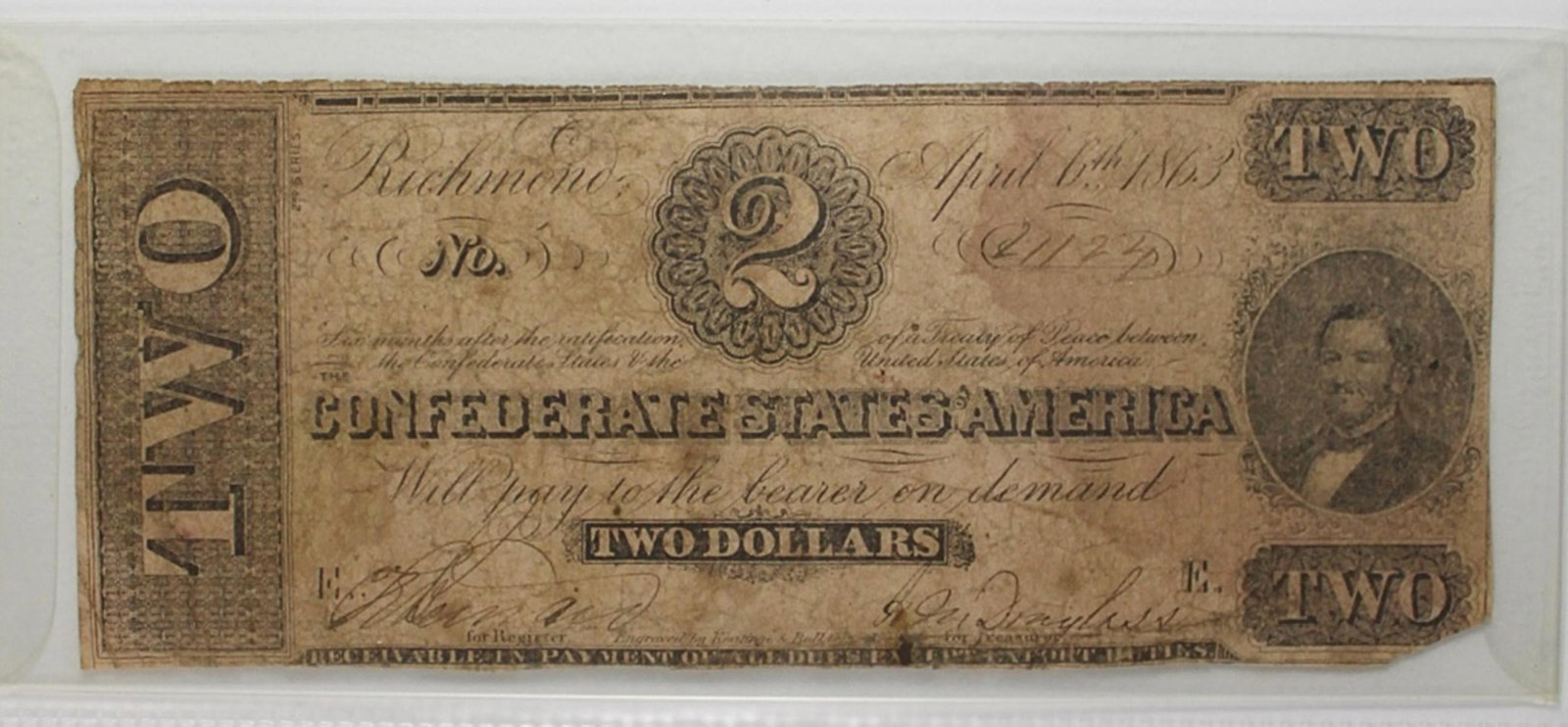 $2.00 CONFEDERATE NOTE: T-61. RARE! ESTIMATE: $100-$150