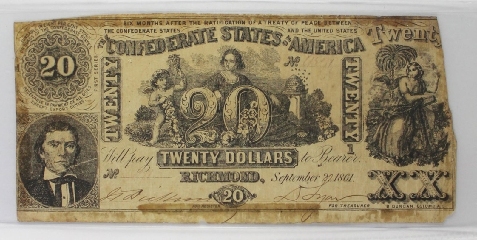 $20 CONFEDERATE 1861 T-20: NICE CIRC. ESTIMATE: $100-$150