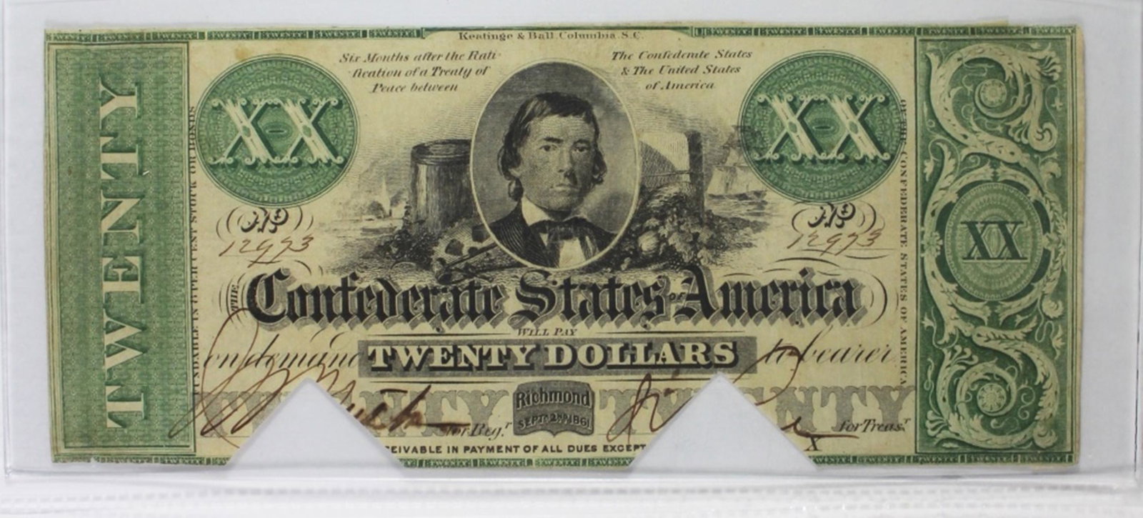 $20 CONFEDERATE 1861 T-21: NICE CANCELLED CIRC. ESTIMATE: $550-$650