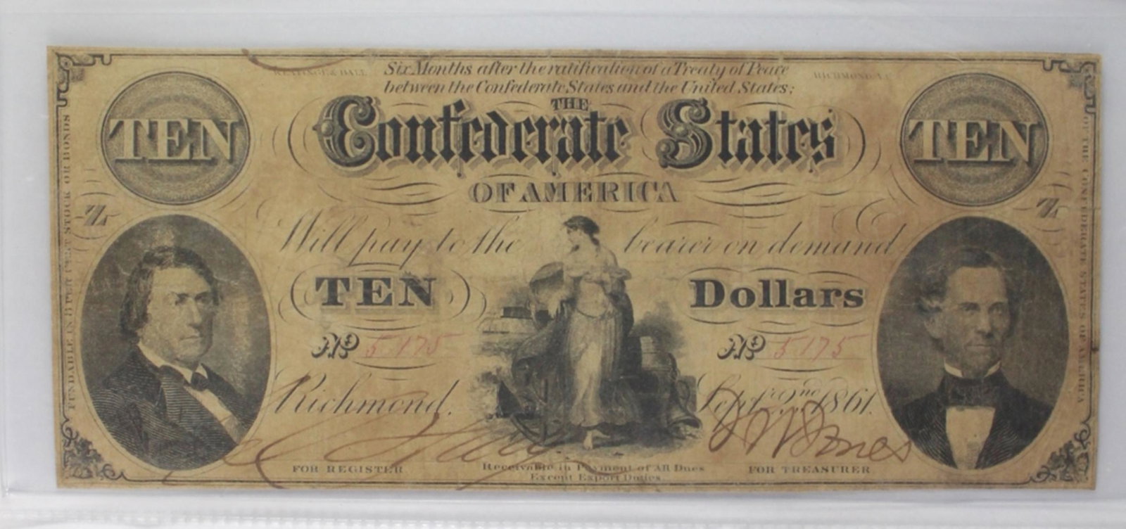 $10 CONFEDERATE 1861 T-25: NICE VF-XF. VERY RARE! ESTIMATE: $500-$600