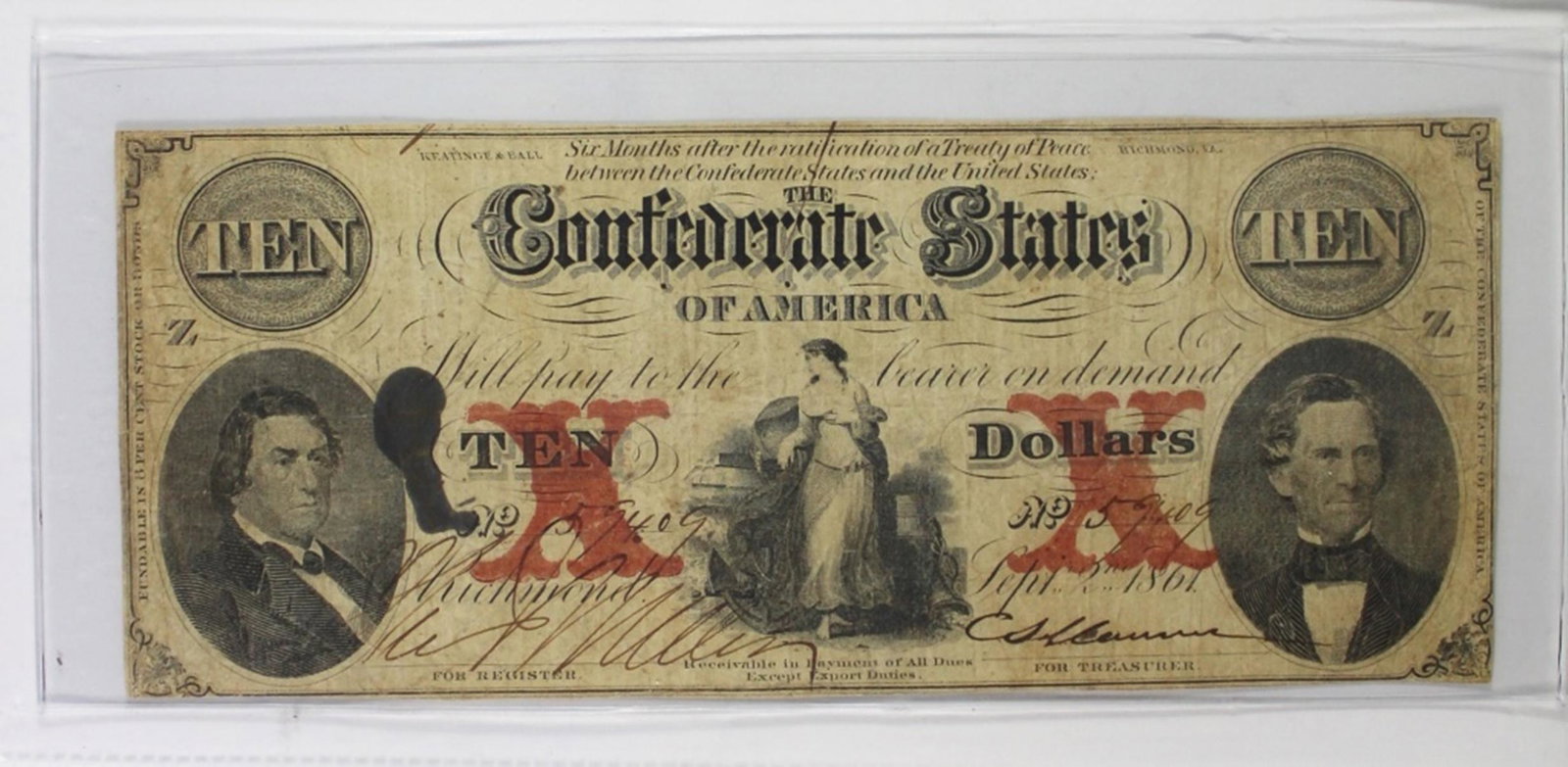 $10 CONFEDERATE 1861 T-26: NICE VF+ RARE! ESTIMATE: $275-$350