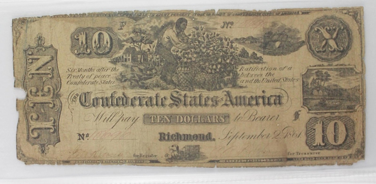 $10 CONFEDERATE 1861 T-29: VERY RARE CIRC. ESTIMATE: $425-$500