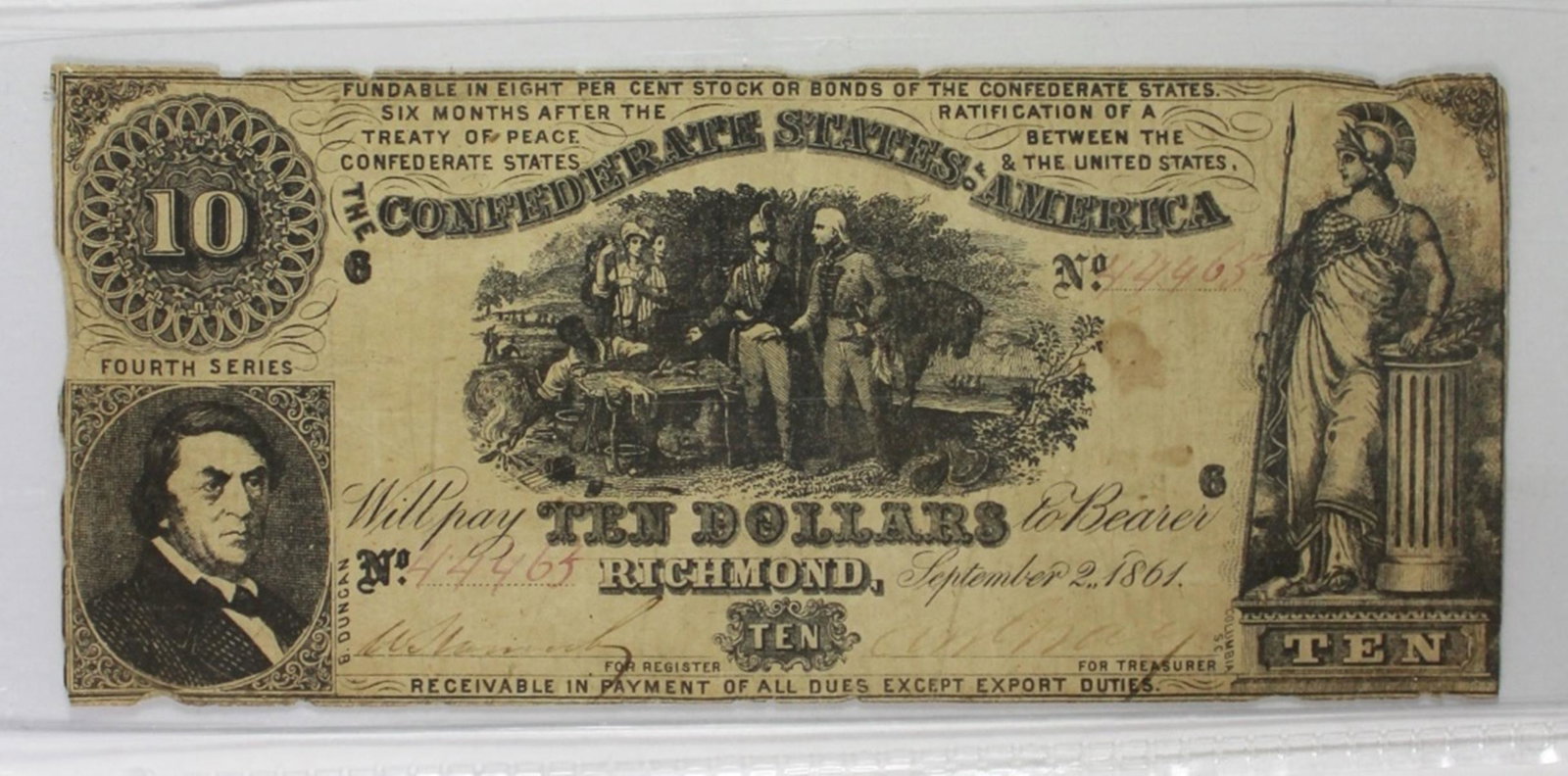 $10 CONFEDERATE 1861 T-30: VF+. RARE! ESTIMATE: $200-$250
