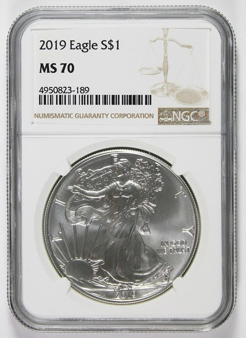 2019 AMERICAN SILVER EAGLE: NGC MS 70 EARLY. ESTIMATE: $110-$150