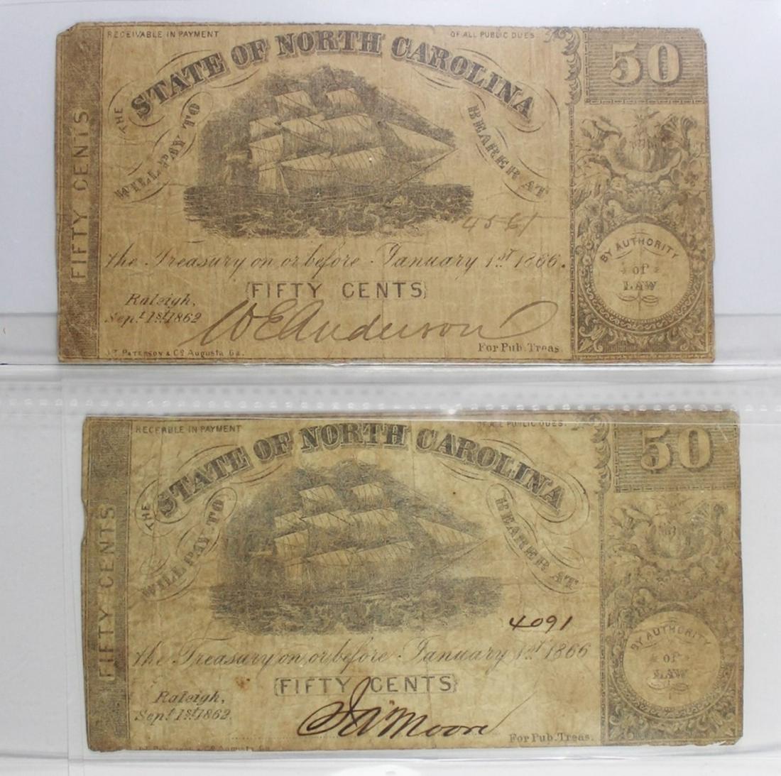 (2) 1862 FIFTY CENT NORTH CAROLINA NOTES (1 of 5)
