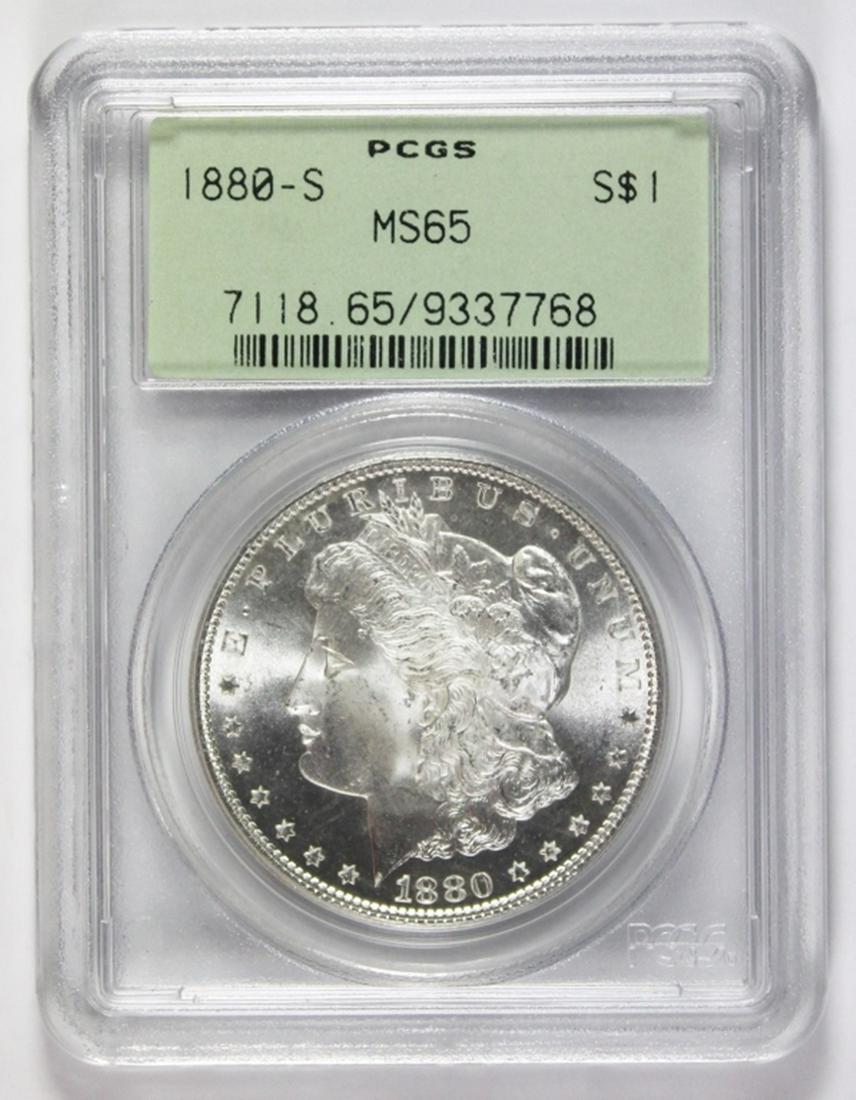1880-S MORGAN SILVER DOLLAR: PCGS MS 65. BLAST WHITE! OLD GREEN LABEL. SUPERB! ESTIMATE: $250-$300