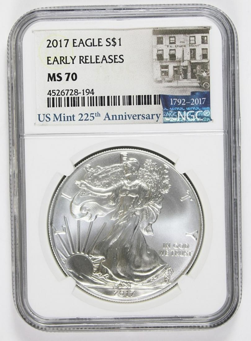 2017 AMERICAN SILVER EAGLE: NGC MS 70 EARLY RELEASE. ESTIMATE: $110-$150