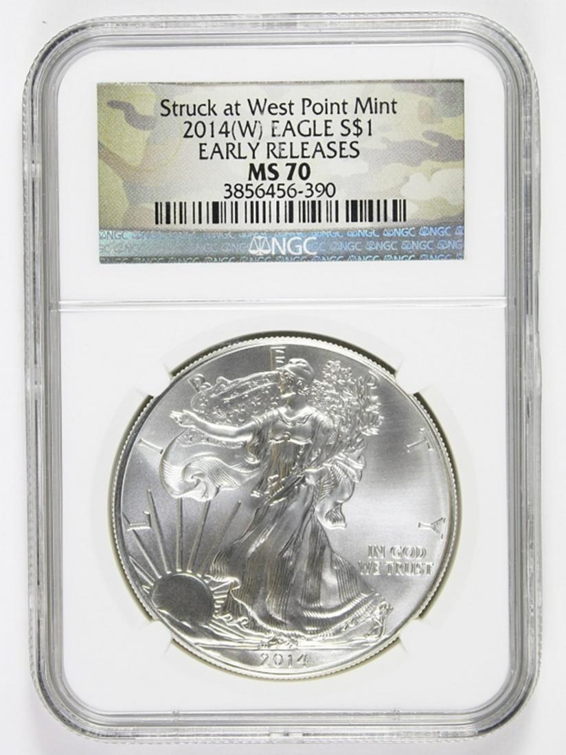 2014(W) AMERICAN SILVER EAGLE: NGC MS 70 EARLY RELEASE. ESTIMATE: $110-$150