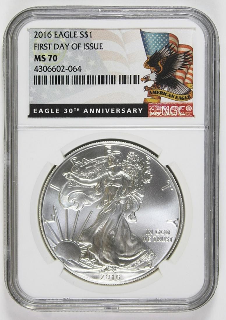 2016 AMERICAN SILVER EAGLE: NGC MS 70 FIRST DAY OF ISSUE. ESTIMATE: $110-$150