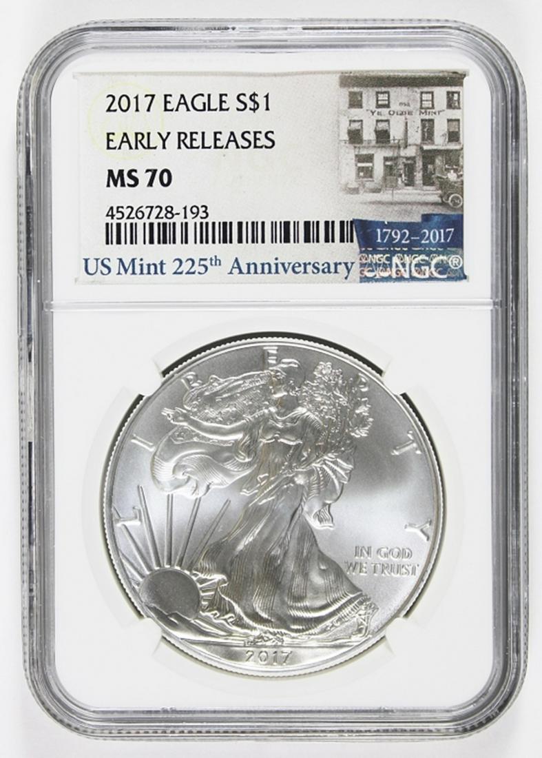 2017 AMERICAN SILVER EAGLE: NGC MS 70 EARLY RELEASE. ESTIMATE: $110-$150
