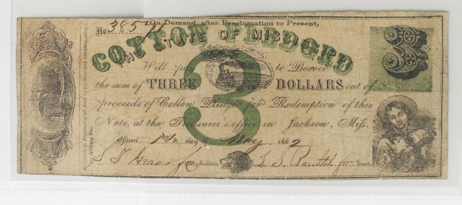 1862 $3 MISSISSIPPI NOTE (1 of 3)