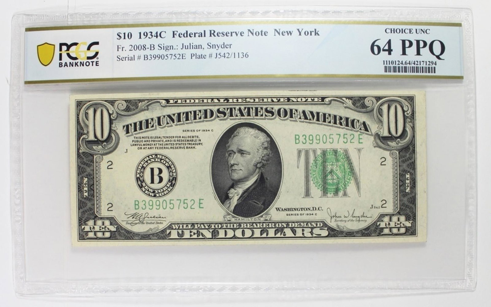 FR 2008 B 1934-C. $10 NOTE: PCGS 64 PPQ. ESTIMATE: $110-$150