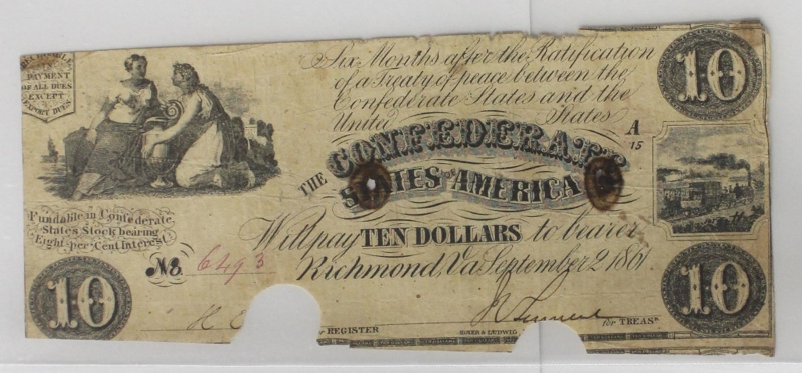 CONFEDERATE 1861 $10: T-28 VF. CANCELLED BY CSA. ESTIMATE: $125-$150